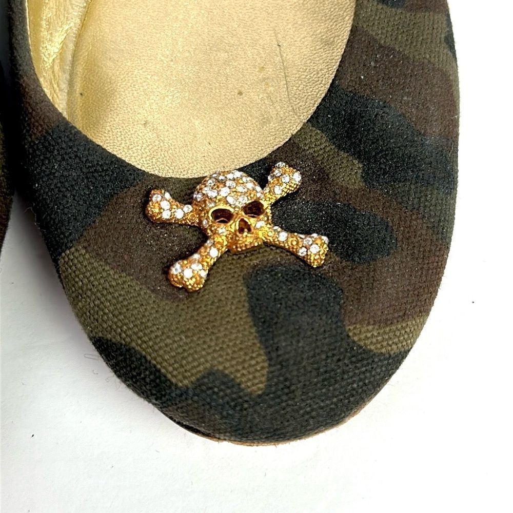 Giuseppe Zanotti Green Camouflage Canvas Crystal Skull Ballet Flats Size 40 US10 - Picture 3 of 15